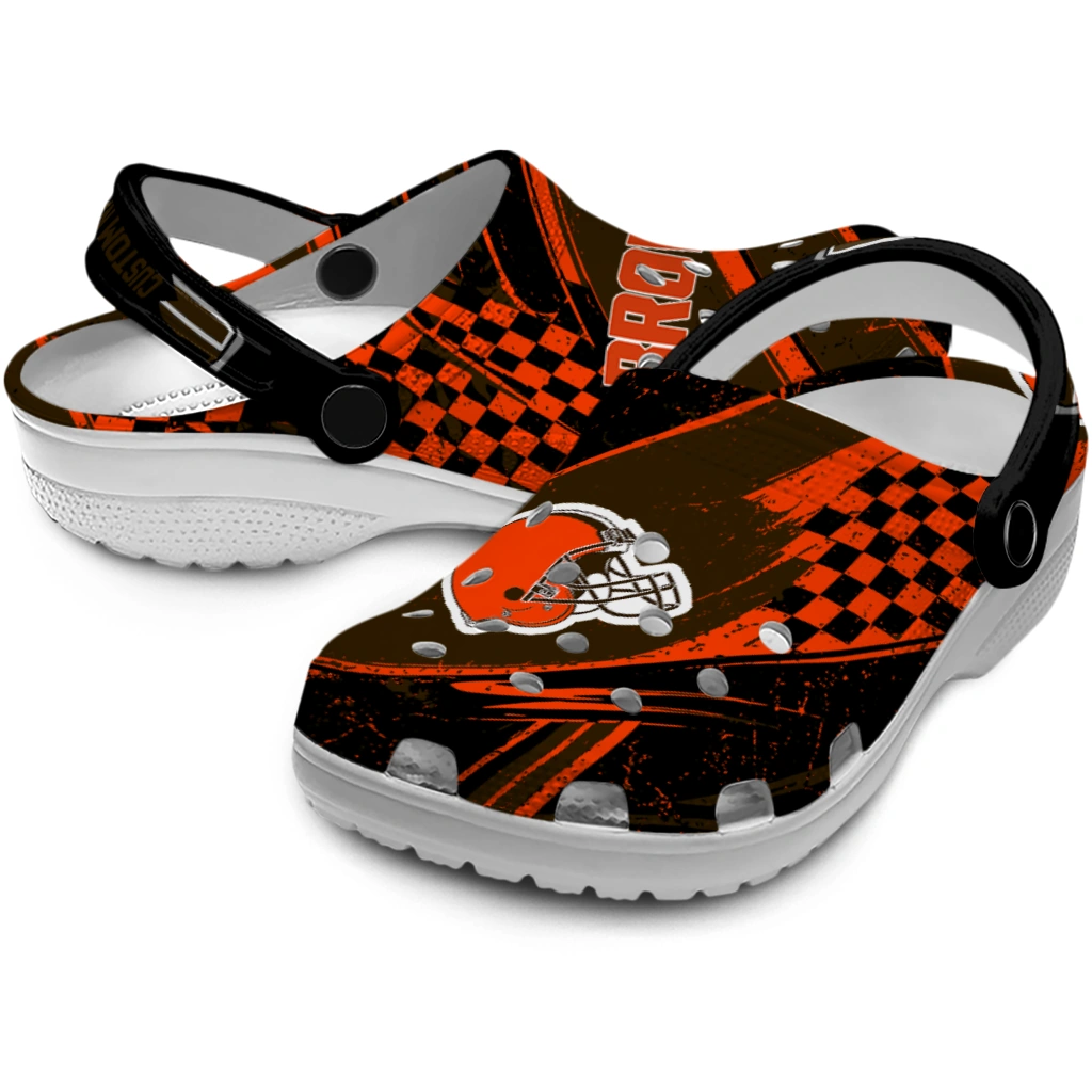 Cleveland Browns Clogs - Personalized Checkered Streaks Brown Black 3