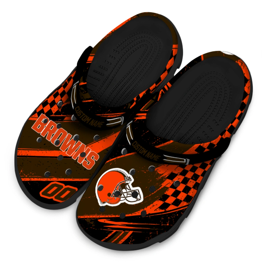 Cleveland Browns Clogs - Personalized Checkered Streaks Brown Black 4