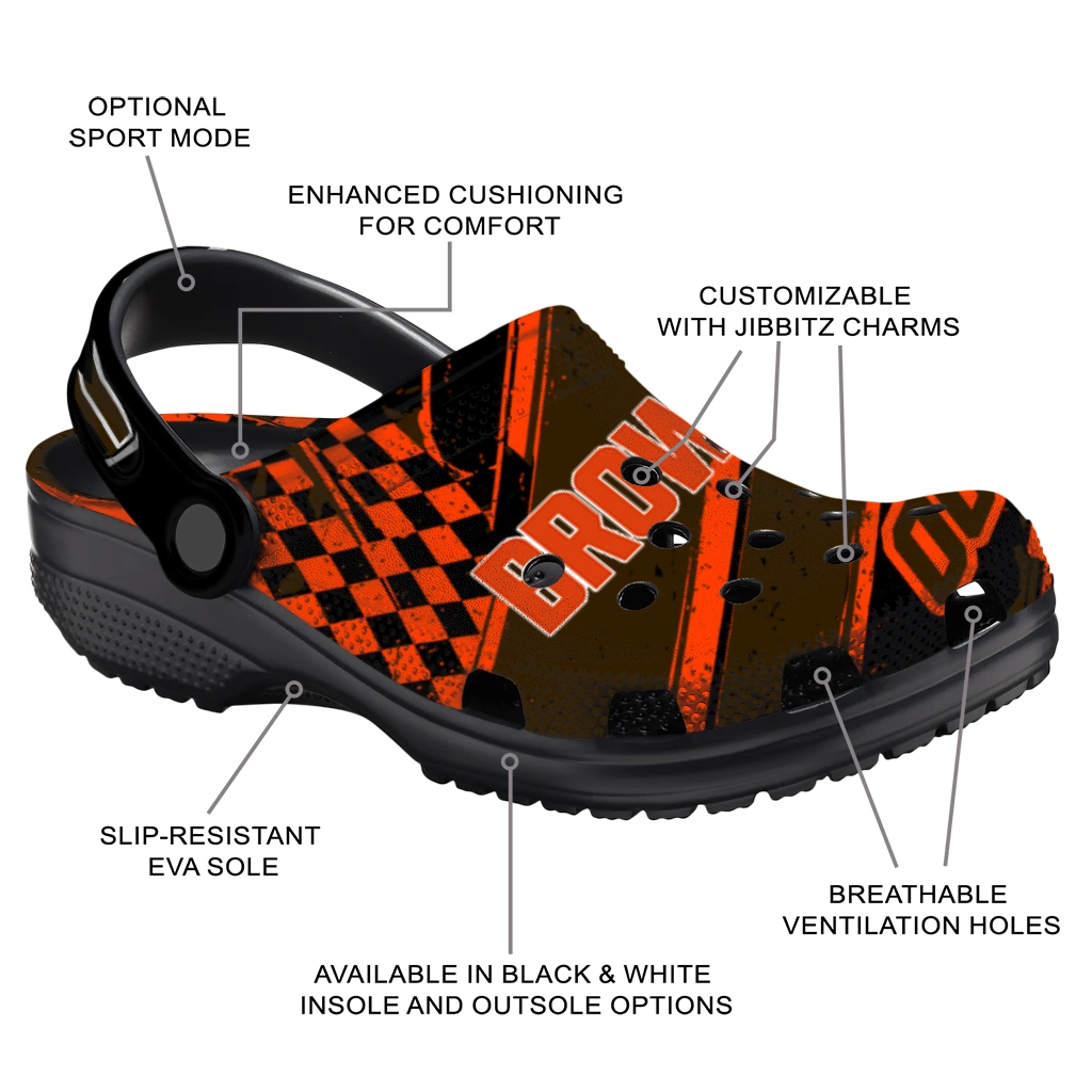 Cleveland Browns Clogs - Personalized Checkered Streaks Brown Black 5