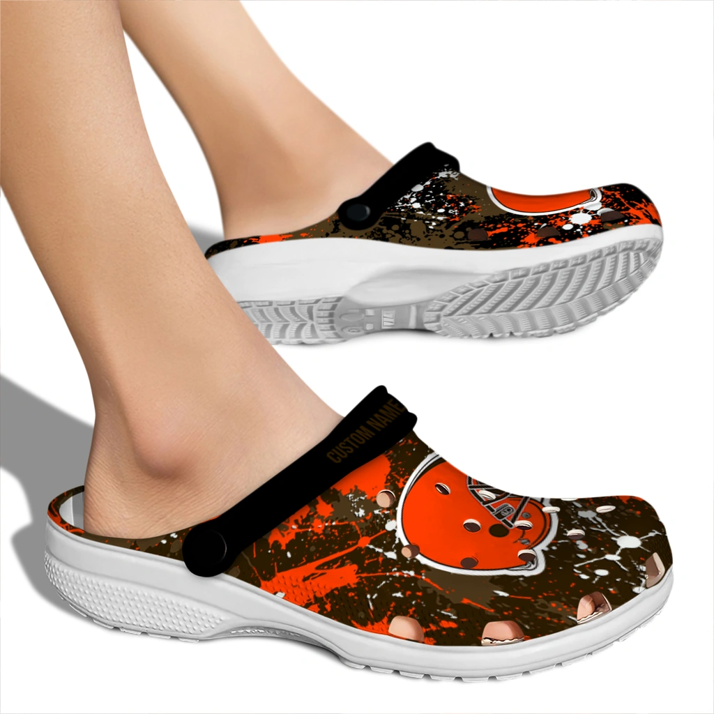 cleveland-browns-clog-customized-splatter-splash-brown-black-fashion-forward.webp