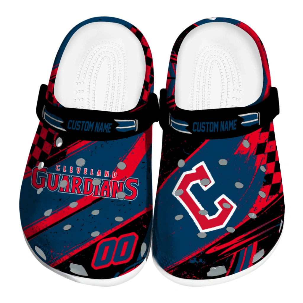 Cleveland Guardians Clogs - Personalized Checkered Streaks Navy Blue Black 1 cleveland guardians clog custom checkered streaks navy blue black best selling 1