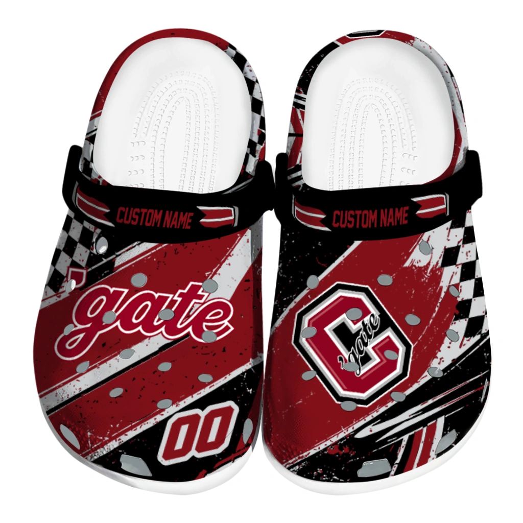Colgate Raiders Clogs - Customized Checkered Streaks Maroon Black 1 colgate raiders clog personalized checkered streaks maroon black best selling