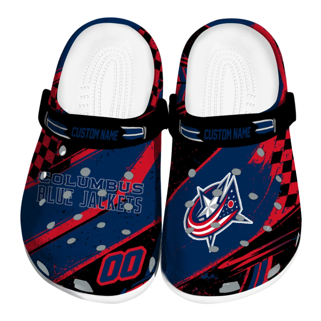 Columbus Blue Jackets Clogs - Custom Circuit Geometry Navy Blue Black 1 columbus blue jackets clog custom checkered streaks navy blue black best selling 1