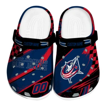 Columbus Blue Jackets Clogs - Personalized Checkered Streaks Navy Blue Black