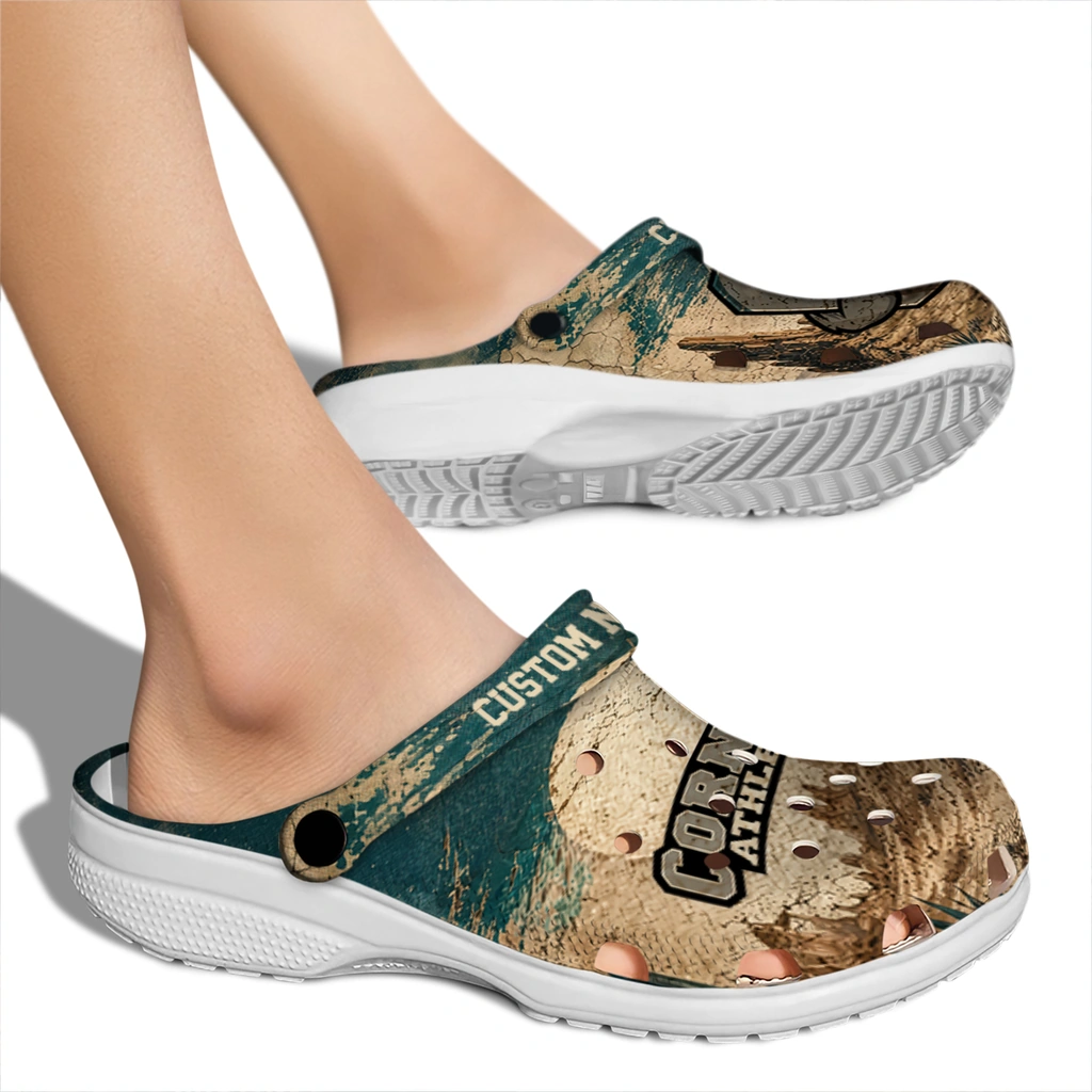 cornell-big-red-clog-custom-cracked-landscape-fir-green-beige-fashion-forward.webp