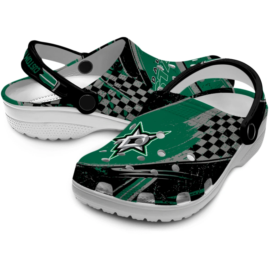 Dallas Stars Clogs - Custom Checkered Streaks Green Black 3