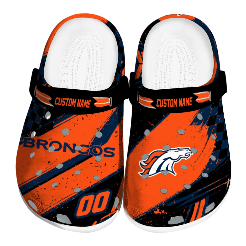 Denver Broncos Clogs - Customized Checkered Streaks Orange Black 1 denver broncos clog personalized checkered streaks orange black best selling