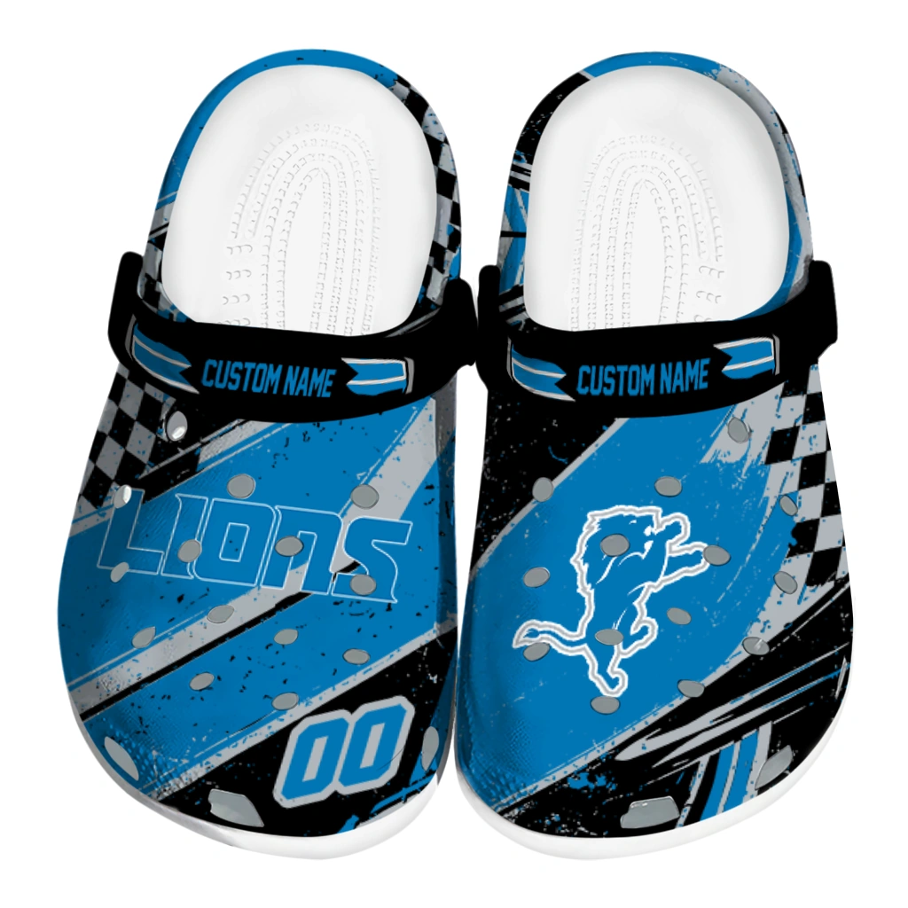 Detroit Lions Clogs - Personalized Checkered Streaks Blue Black 1 detroit lions clog custom checkered streaks blue black best selling