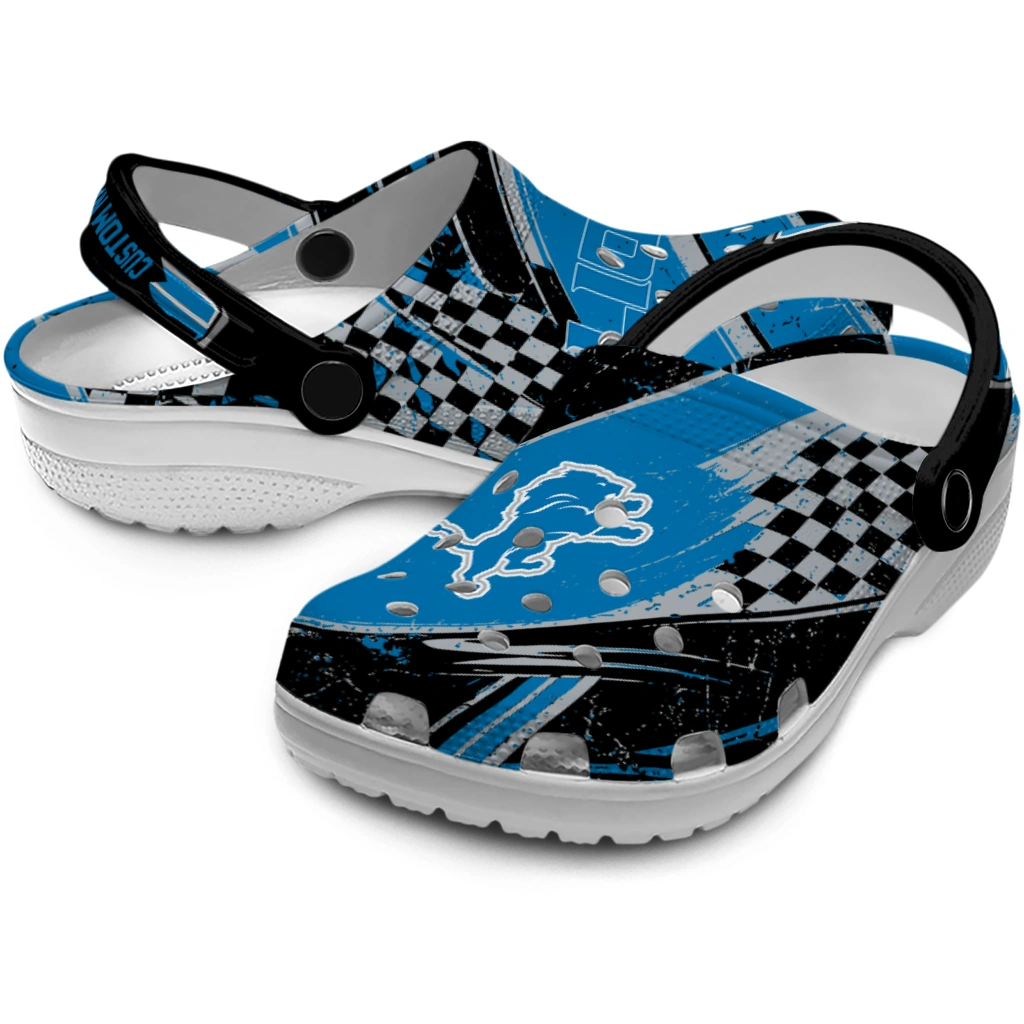 Detroit Lions Clogs - Personalized Checkered Streaks Blue Black 3