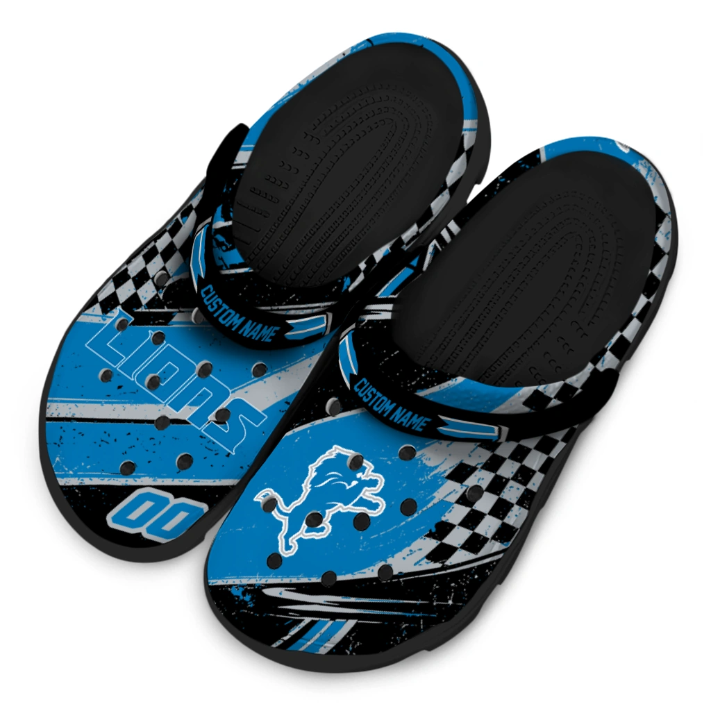 Detroit Lions Clogs - Personalized Checkered Streaks Blue Black 4