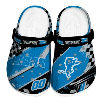 Detroit Lions Clogs - Personalized Checkered Streaks Blue Black