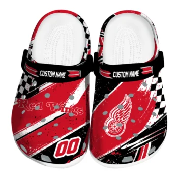Detroit Red Wings Clogs - Customized Checkered Streaks Red Black