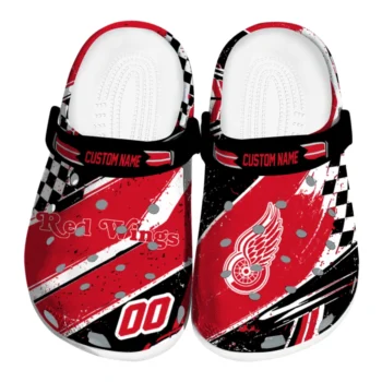 Detroit Red Wings Clogs - Customized Checkered Streaks Red Black