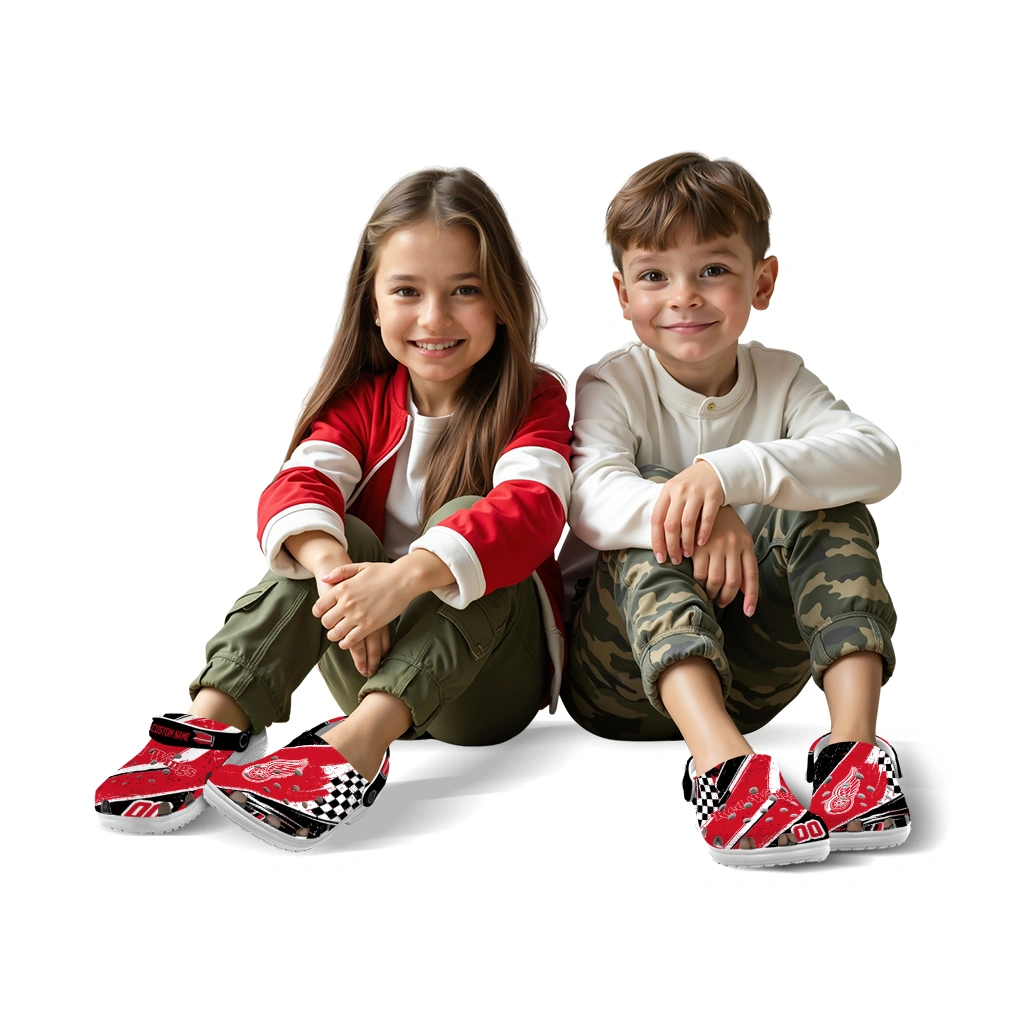 Detroit Red Wings Clogs - Customized Checkered Streaks Red Black 8