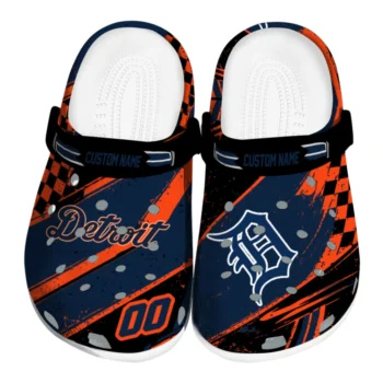 Detroit Tigers Clogs - Customized Checkered Streaks Navy Black