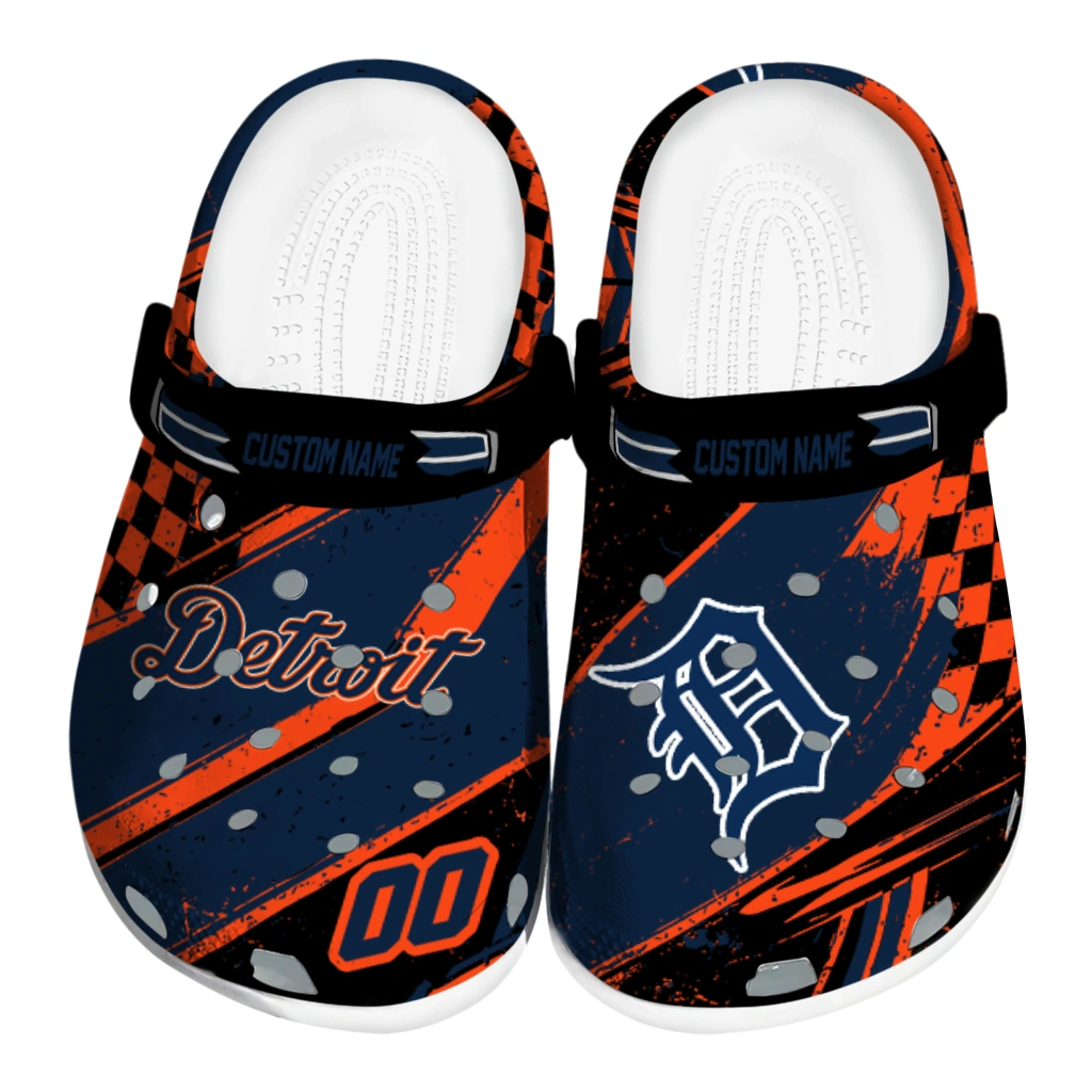 Detroit Tigers Clogs - Personalized Circuit Geometry Navy Black 1 detroit tigers clog personalized checkered streaks navy black best selling 2