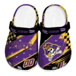 East Carolina Pirates Clogs - Personalized Checkered Streaks Purple Black 1 East Carolina Pirates Clogs – Personalized Checkered Streaks Purple Black 1