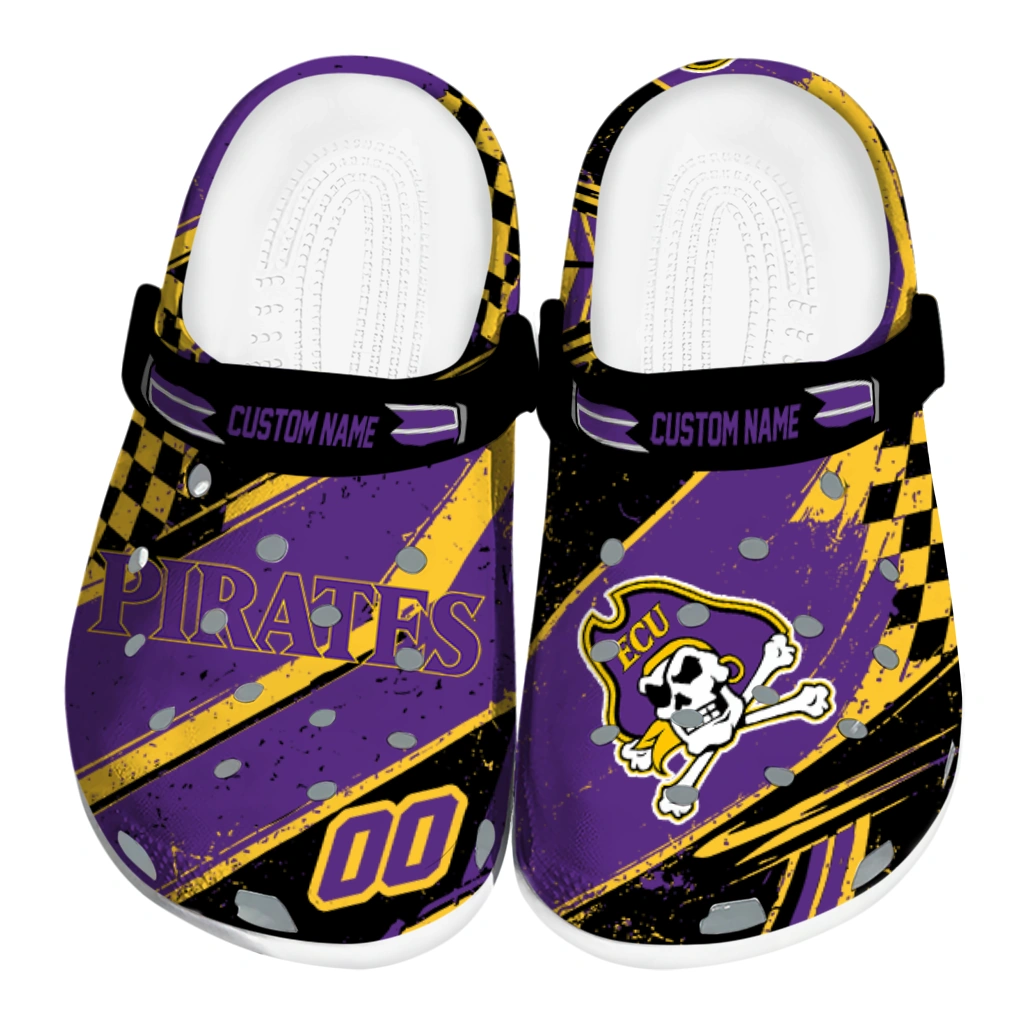 East Carolina Pirates Clogs - Personalized Checkered Streaks Purple Black 1 east carolina pirates clog custom checkered streaks purple black best selling