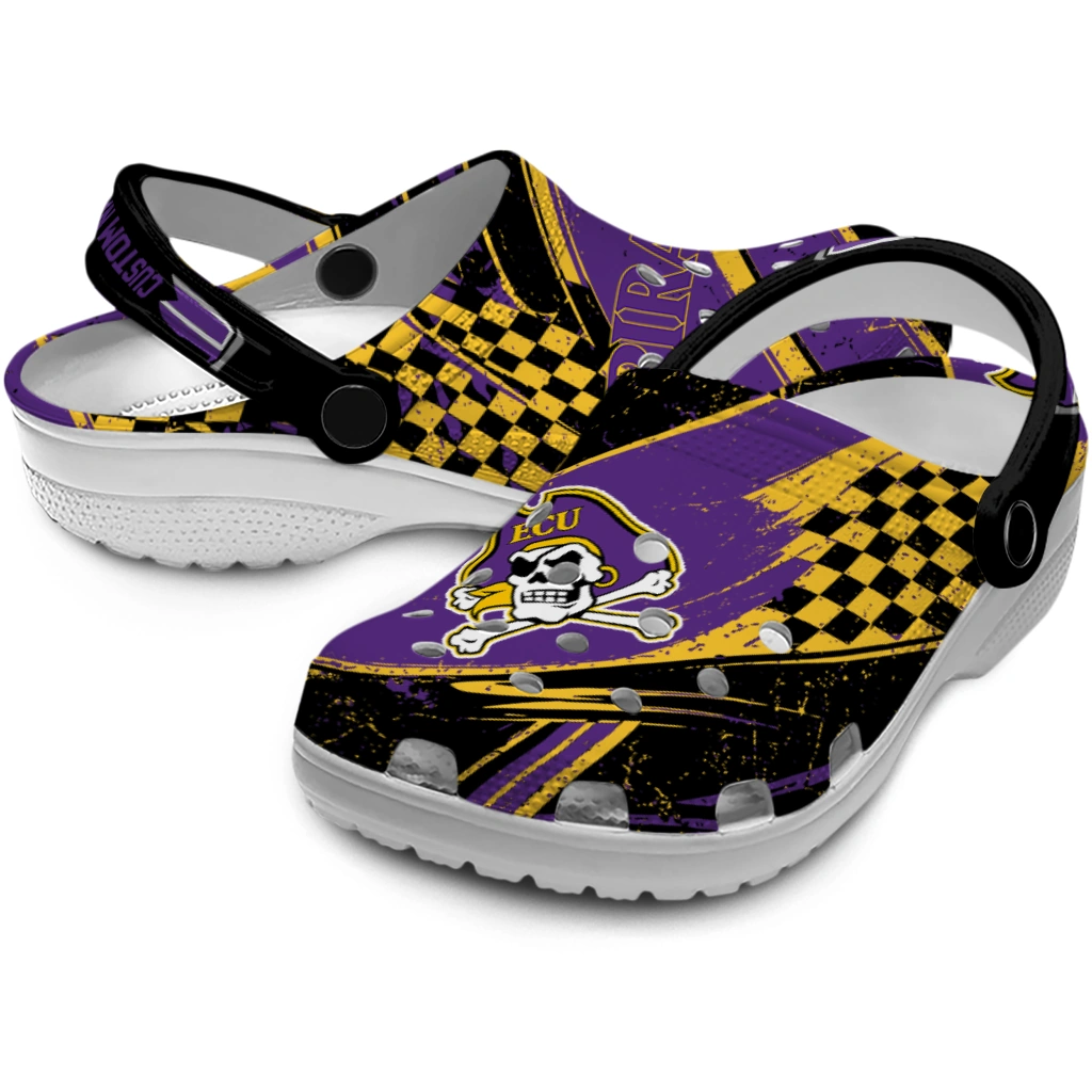 East Carolina Pirates Clogs - Personalized Checkered Streaks Purple Black 3