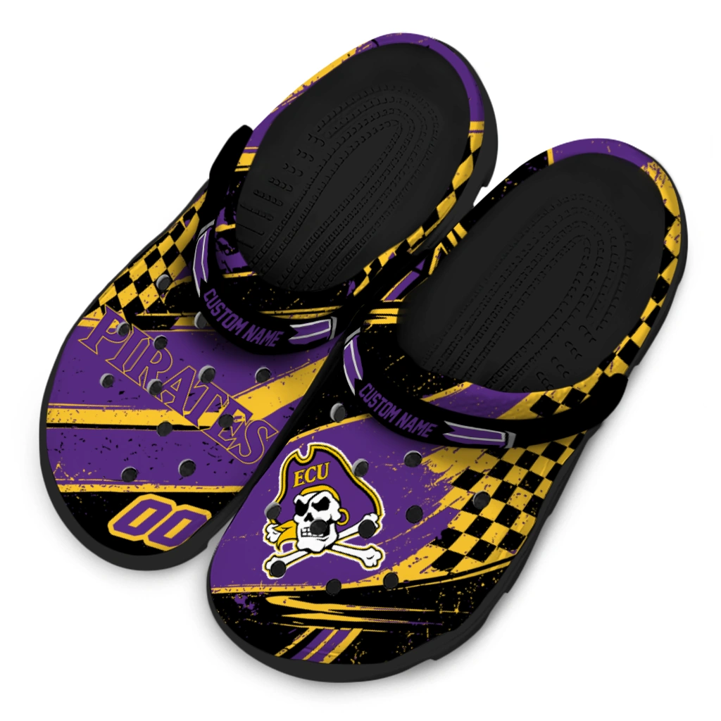 East Carolina Pirates Clogs - Personalized Checkered Streaks Purple Black 4