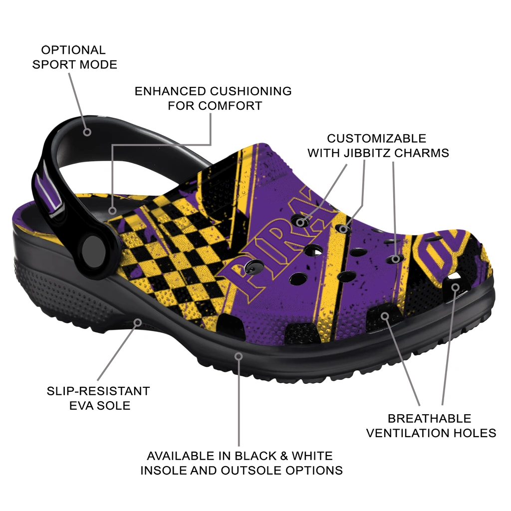 East Carolina Pirates Clogs - Personalized Checkered Streaks Purple Black 5