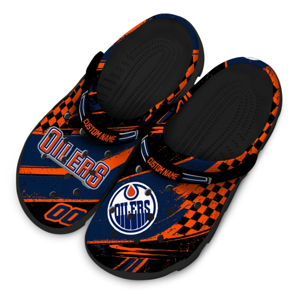 edmonton-oilers-clog-personalized-checkered-streaks-blue-black-latest-model.webp