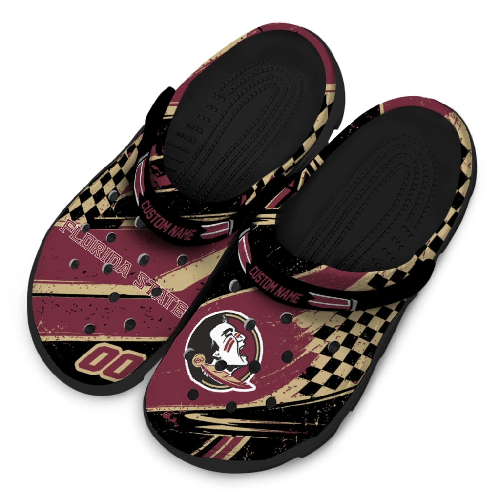 Florida State Seminoles Clogs - Personalized Checkered Streaks Garnet Black 4