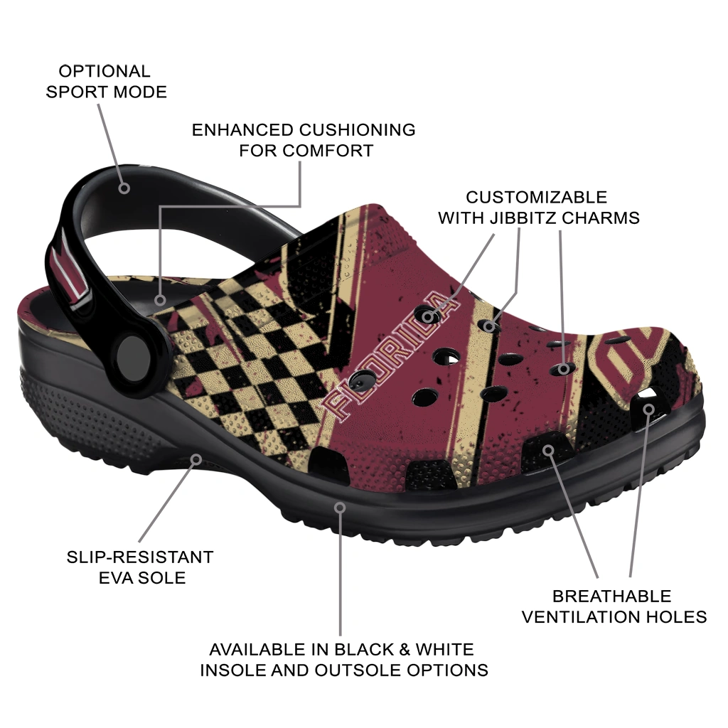 Florida State Seminoles Clogs - Personalized Checkered Streaks Garnet Black 5