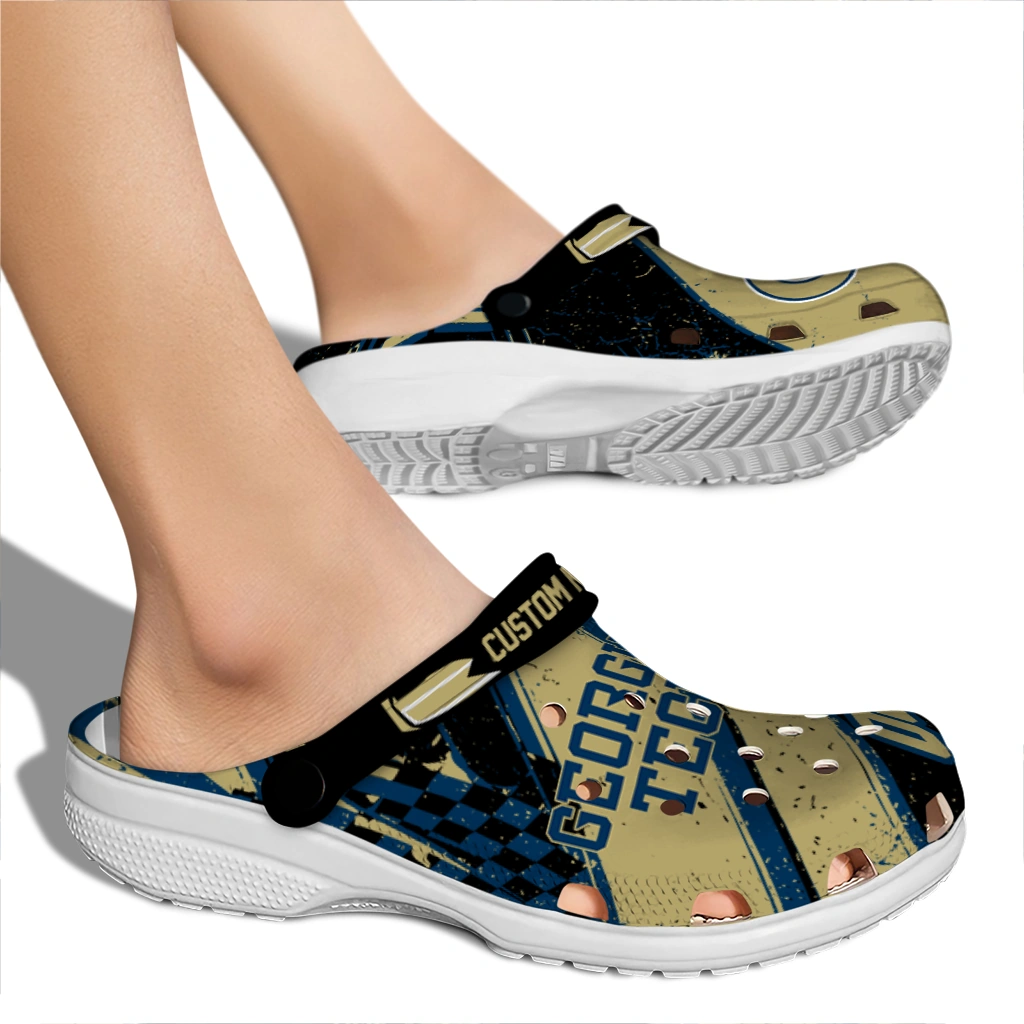 Georgia Tech Yellow Jackets Clogs - Customized Checkered Streaks Gold Black 2