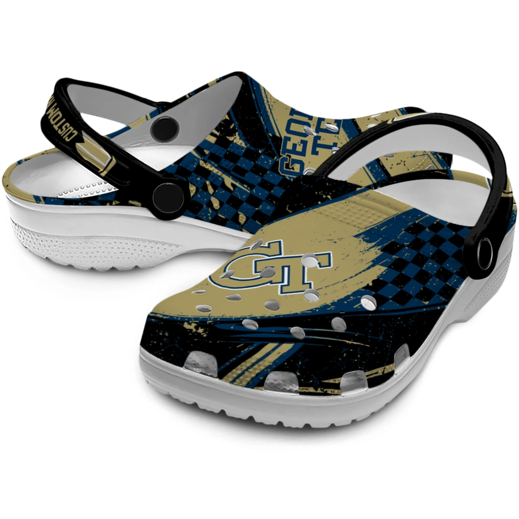 Georgia Tech Yellow Jackets Clogs - Customized Checkered Streaks Gold Black 3
