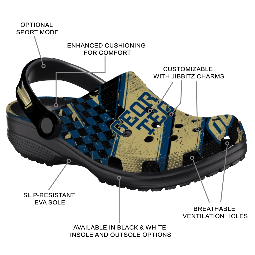 Georgia Tech Yellow Jackets Clogs - Customized Checkered Streaks Gold Black 5