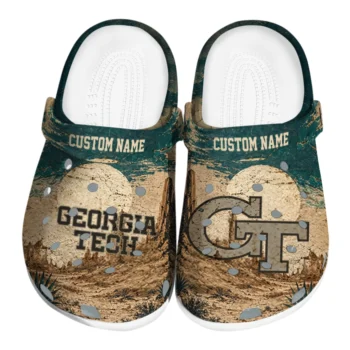 Georgia Tech Yellow Jackets Clogs - Personalized Cracked Landscape Fir Green Beige