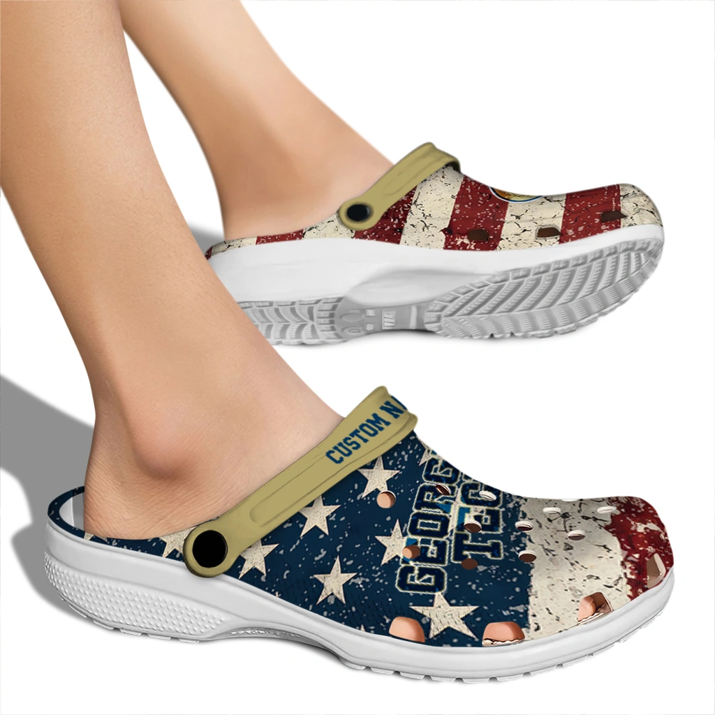 georgia-tech-yellow-jackets-clog-personalized-distressed-stripes-gold-red-blue-fashion-forward.webp