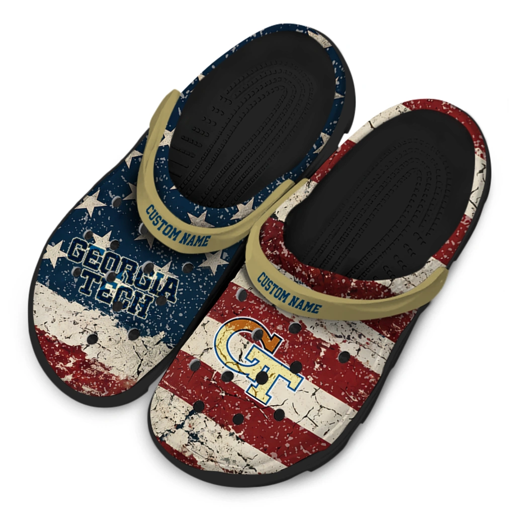 georgia-tech-yellow-jackets-clog-personalized-distressed-stripes-gold-red-blue-latest-model.webp