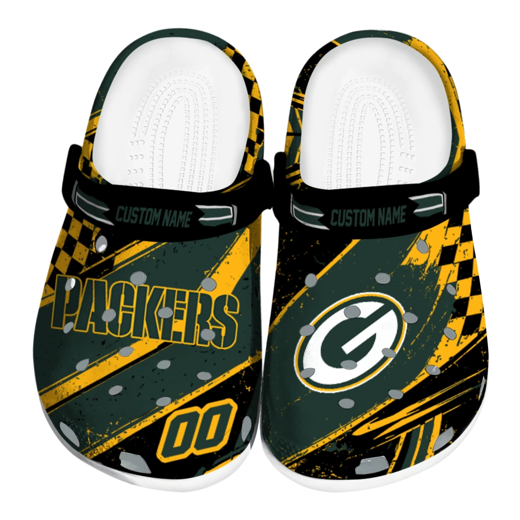 Green Bay Packers Clogs - Custom Checkered Streaks Green Black 1 green bay packers clog customized checkered streaks green black best selling