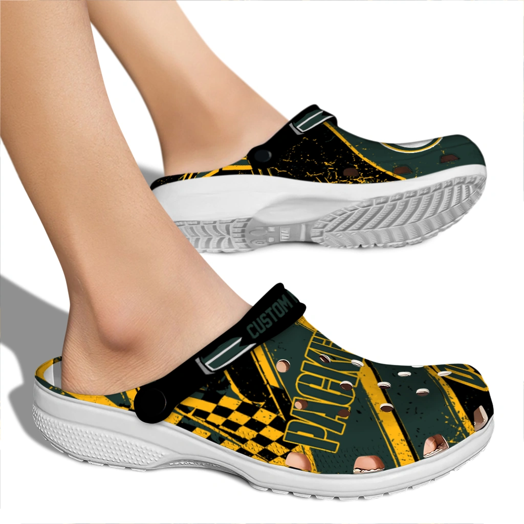 Green Bay Packers Clogs - Custom Checkered Streaks Green Black 2