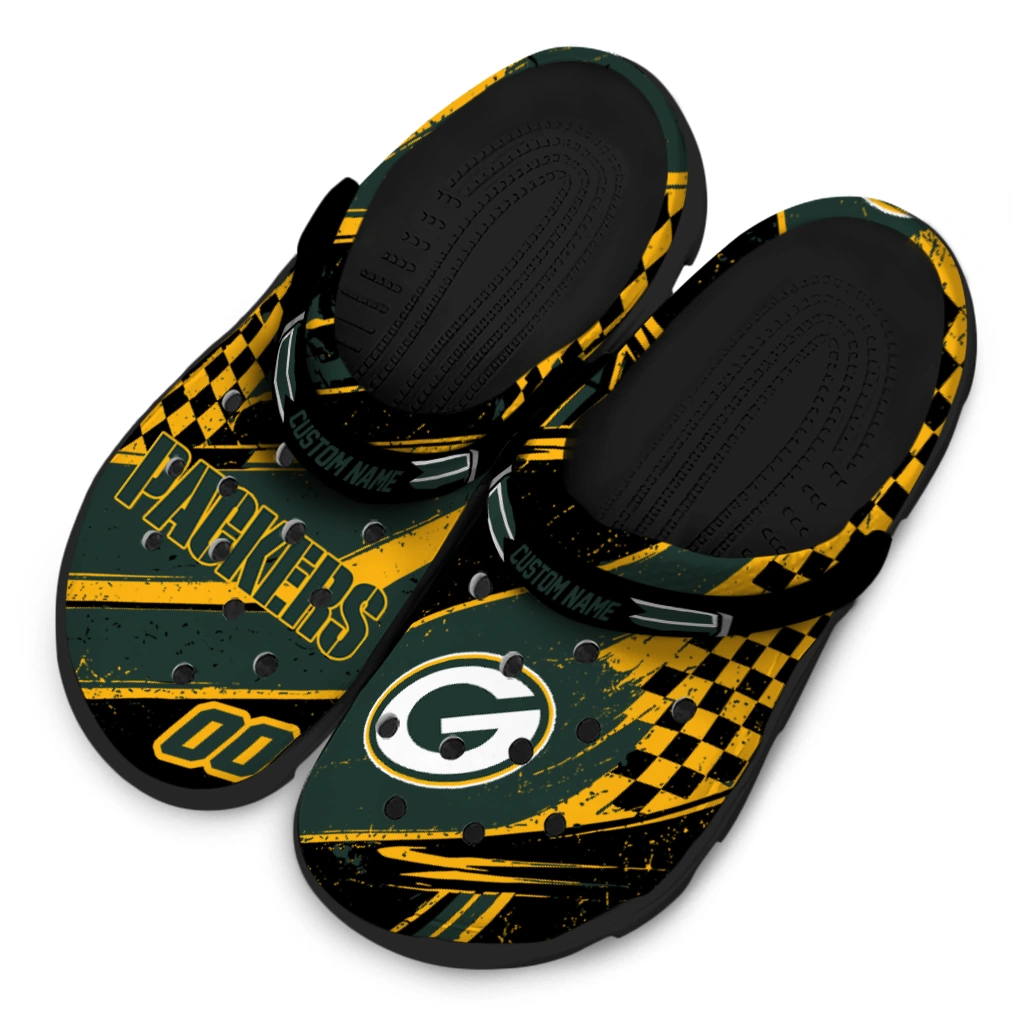 Green Bay Packers Clogs - Custom Checkered Streaks Green Black 4