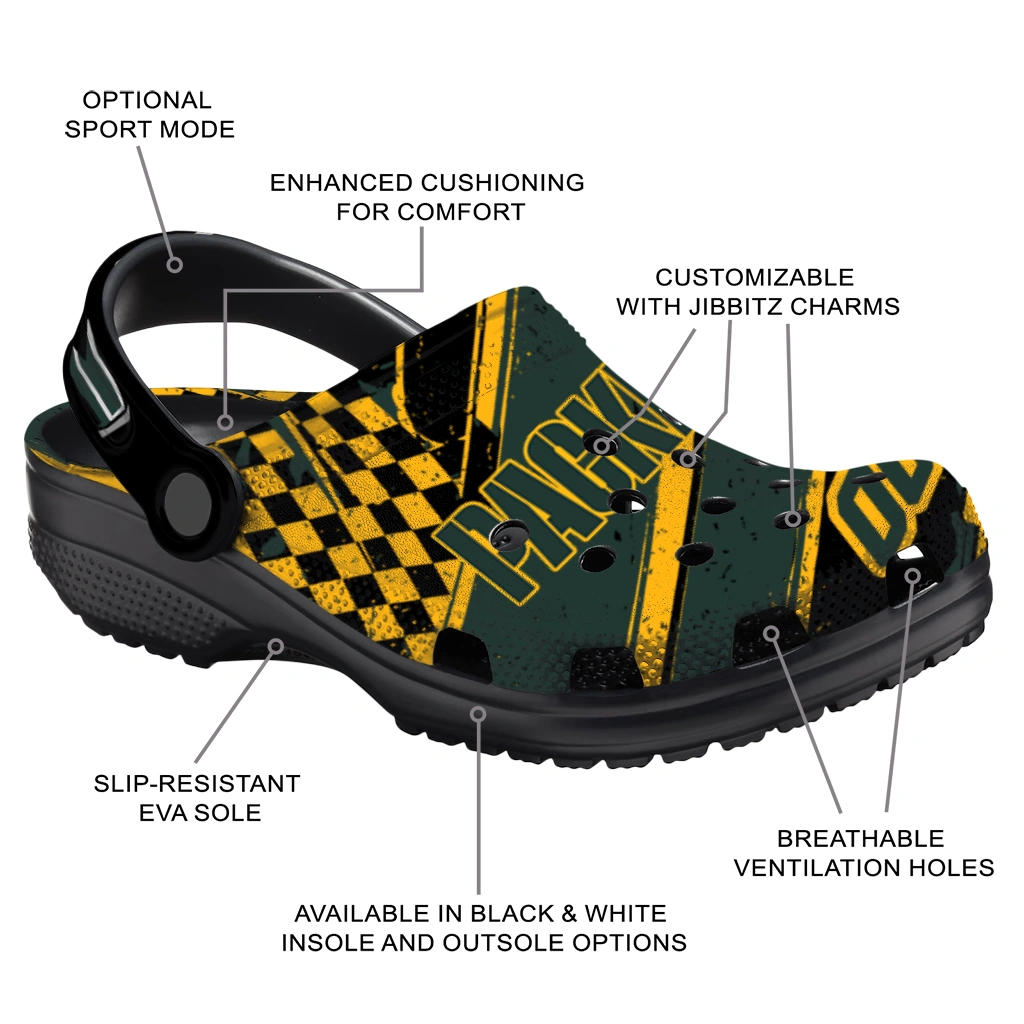 Green Bay Packers Clogs - Custom Checkered Streaks Green Black 5