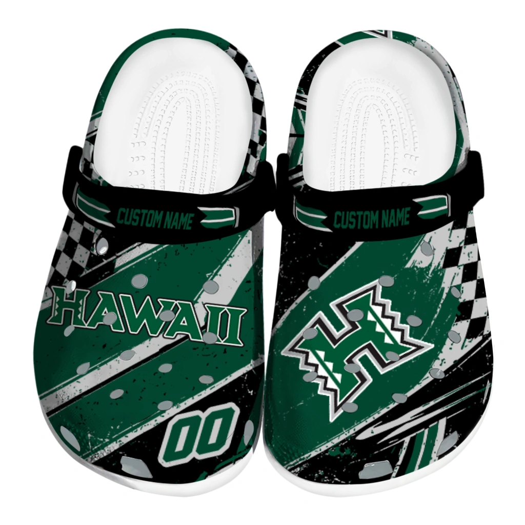 Hawaii Rainbow Warriors Clogs - Customized Checkered Streaks Green Black 1 hawaii rainbow warriors clog personalized checkered streaks green black best selling