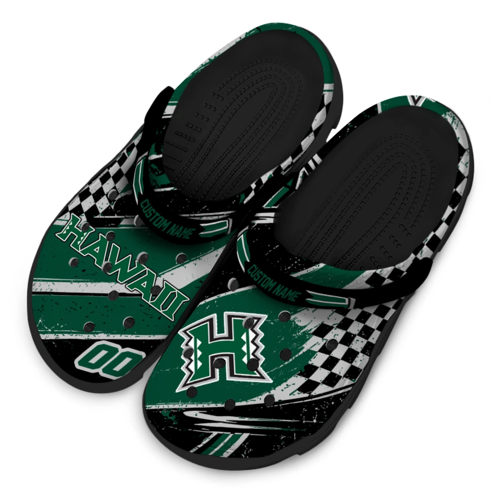 Hawaii Rainbow Warriors Clogs - Customized Checkered Streaks Green Black 4