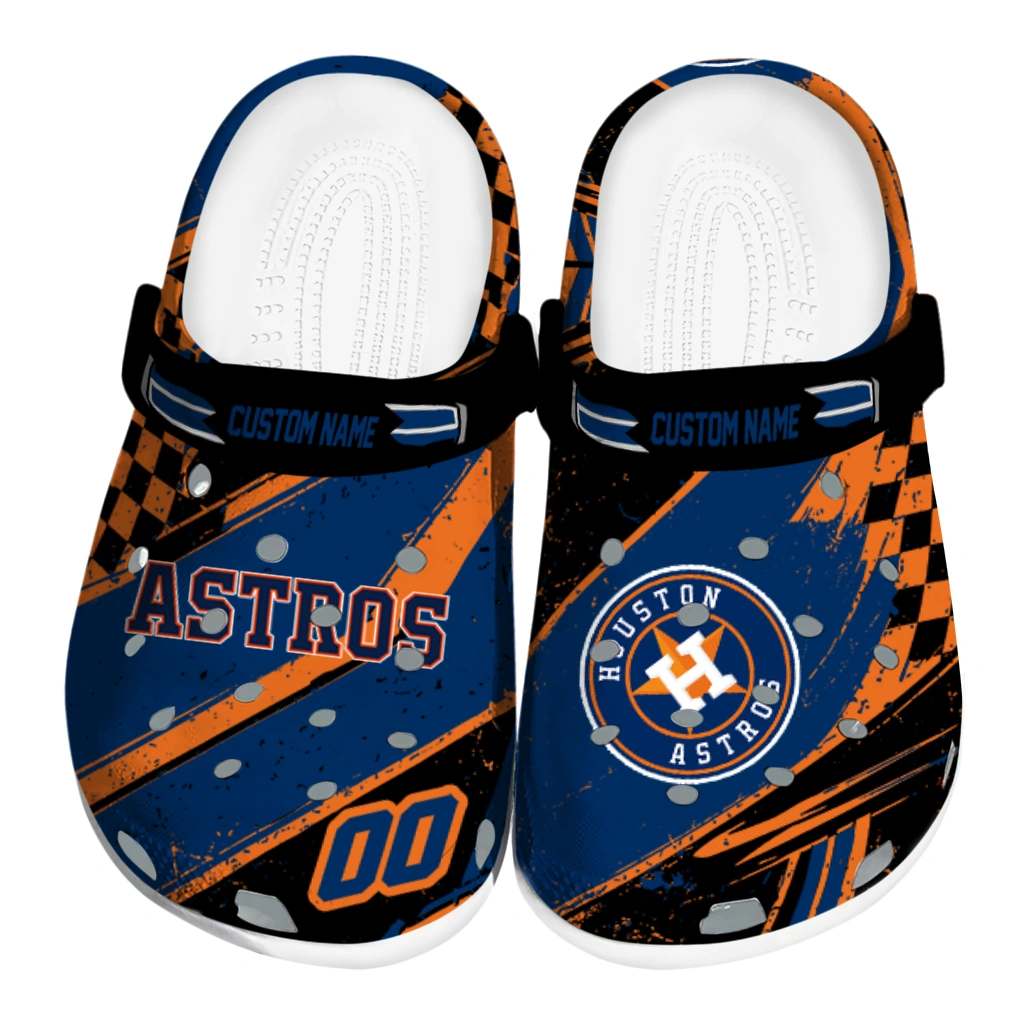 Houston Astros Clogs - Personalized Checkered Streaks Blue Black 1 houston astros clog custom checkered streaks blue black best selling 1