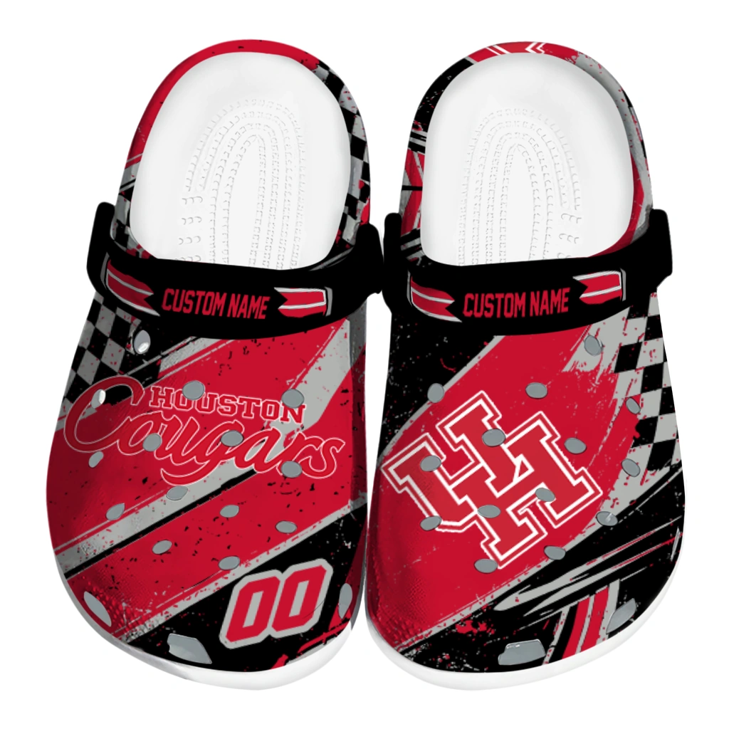 Houston Cougars Clogs - Personalized Checkered Streaks Red Black 1 houston cougars clog custom checkered streaks red black best selling