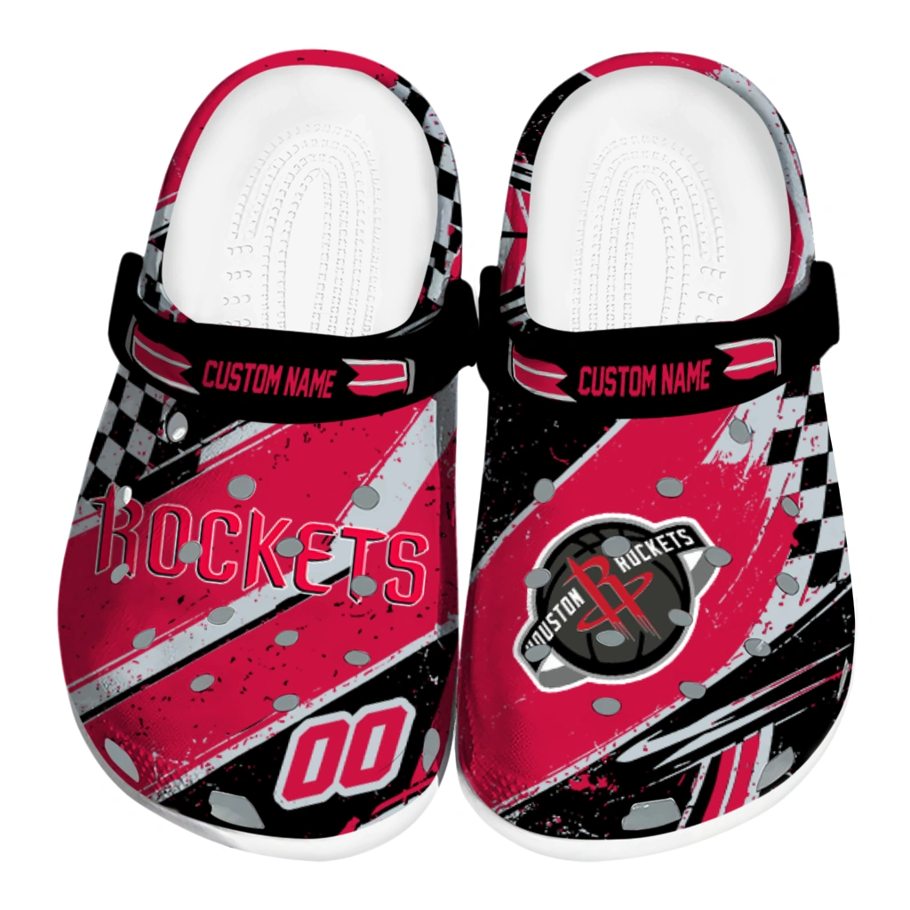 Houston Rockets Clogs - Personalized Circuit Geometry Red Black 1 houston rockets clog personalized checkered streaks red black best selling 1