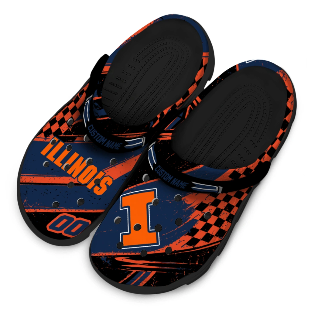 Illinois Fighting Illini Clogs - Customized Checkered Streaks Blue Black 4
