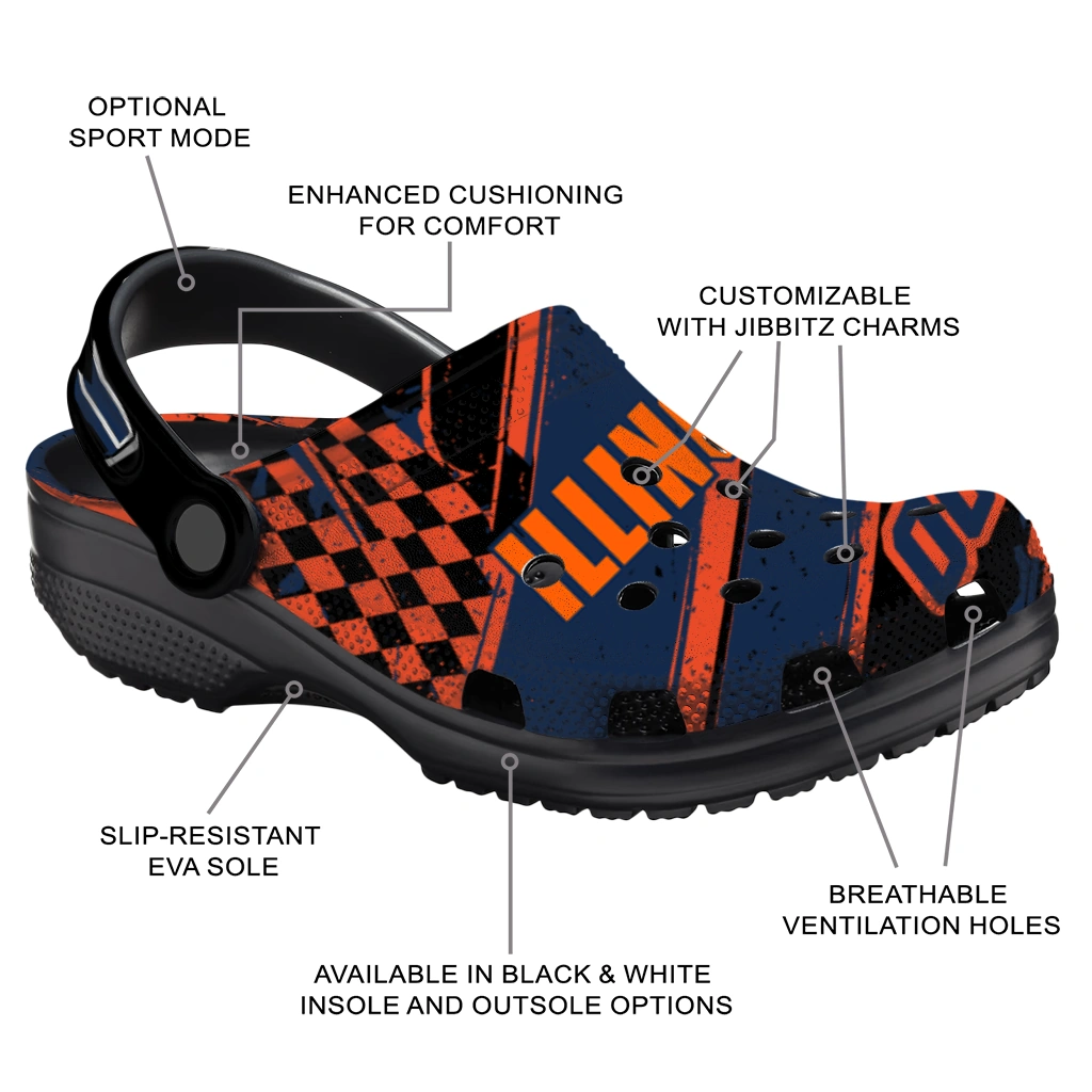 Illinois Fighting Illini Clogs - Customized Checkered Streaks Blue Black 5