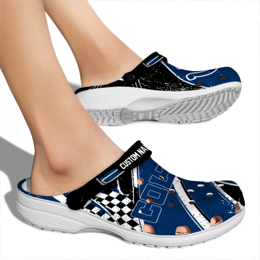 indianapolis-colts-clog-personalized-checkered-streaks-blue-black-fashion-forward.webp