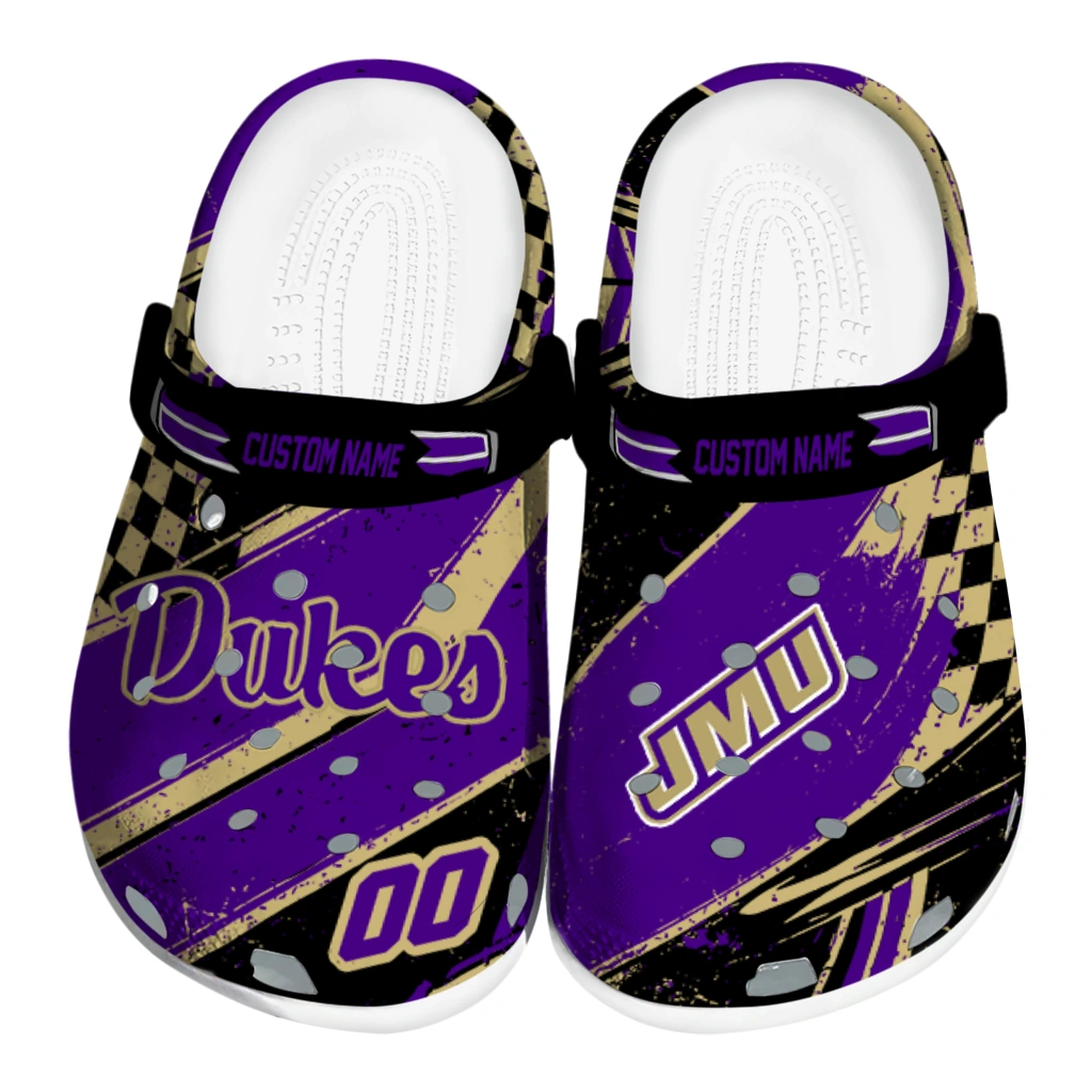 James Madison Dukes Clogs - Custom Circuit Geometry Purple Black 1 james madison dukes clog custom checkered streaks purple black best selling 1