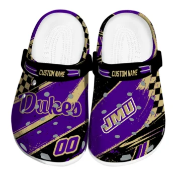 James Madison Dukes Clogs - Personalized Checkered Streaks Purple Black