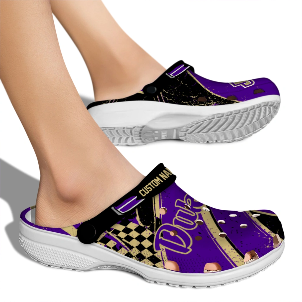 james-madison-dukes-clog-personalized-checkered-streaks-purple-black-fashion-forward.webp