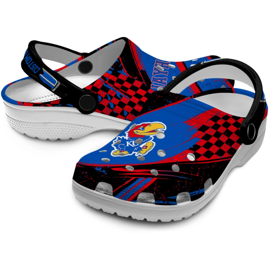 Kansas Jayhawks Clogs - Custom Checkered Streaks Blue Black 3